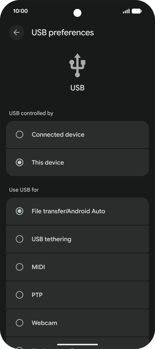 Press File transfer/Android Auto. Press File transfer/Android Auto.