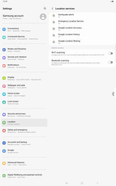 Press Google Location Accuracy. Press Google Location Accuracy.