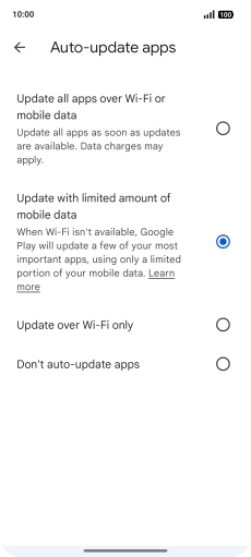 To turn on automatic update of apps using mobile network, press Update all apps over Wi-Fi or mobile data. To turn on automatic update of apps using mobile network, press Update all apps over Wi-Fi or mobile data.