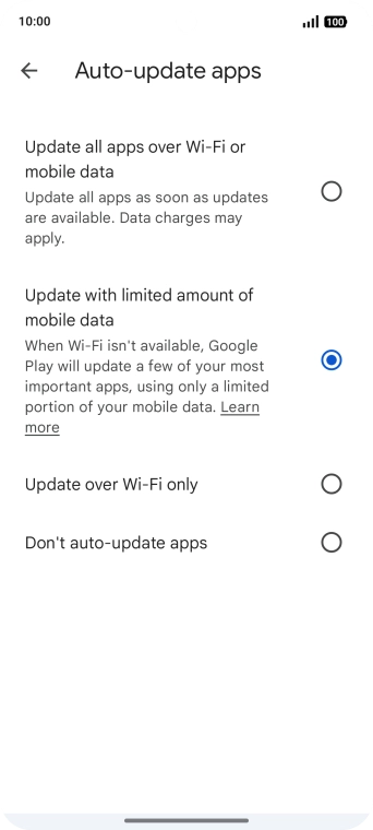 To turn on automatic update of apps using mobile network, press Update all apps over Wi-Fi or mobile data. To turn on automatic update of apps using mobile network, press Update all apps over Wi-Fi or mobile data.