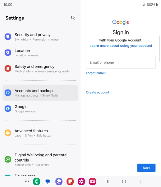 If you don't have a Google account, press Create account and follow the instructions on the screen to create an account. If you don't have a Google account, press Create account and follow the instructions on the screen to create an account.