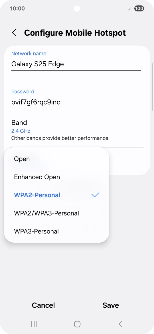 Press WPA3-Personal to password protect your Wi-Fi hotspot. Press WPA3-Personal to password protect your Wi-Fi hotspot.