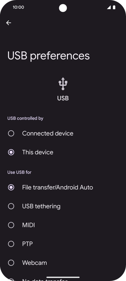 Press File transfer/Android Auto. Press File transfer/Android Auto.