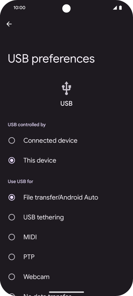 Press File transfer/Android Auto. Press File transfer/Android Auto.