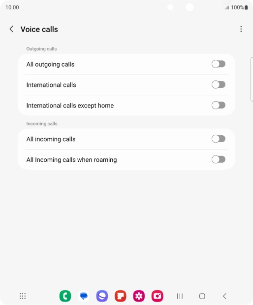 Press the indicator next to the required barring type to turn the function on or off. Press the indicator next to the required barring type to turn the function on or off.