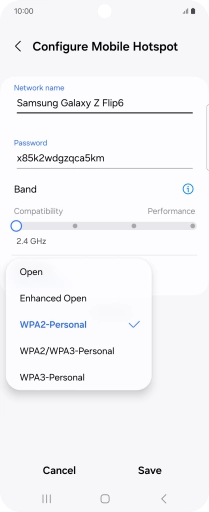 Press WPA3-Personal to password protect your Wi-Fi hotspot. Press WPA3-Personal to password protect your Wi-Fi hotspot.