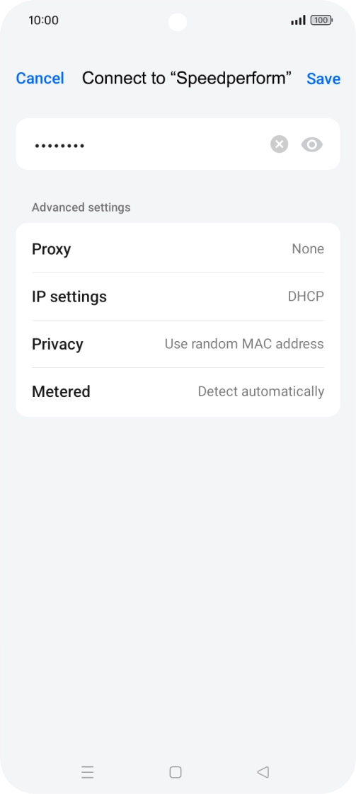 Key in the password for the Wi-Fi network and press Save. Key in the password for the Wi-Fi network and press Save.