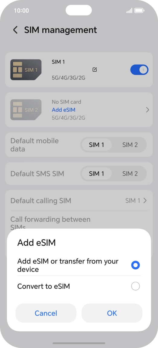 Press Add eSIM or transfer from your device. Press Add eSIM or transfer from your device.