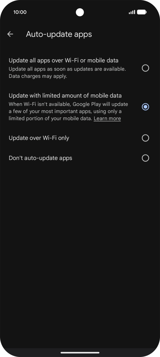 To turn on automatic update of apps using mobile network, press Update all apps over Wi-Fi or mobile data. To turn on automatic update of apps using mobile network, press Update all apps over Wi-Fi or mobile data.