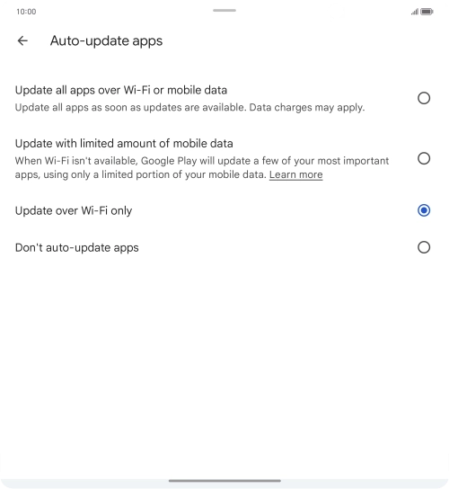 To turn on automatic update of apps using mobile network, press Update all apps over Wi-Fi or mobile data. To turn on automatic update of apps using mobile network, press Update all apps over Wi-Fi or mobile data.