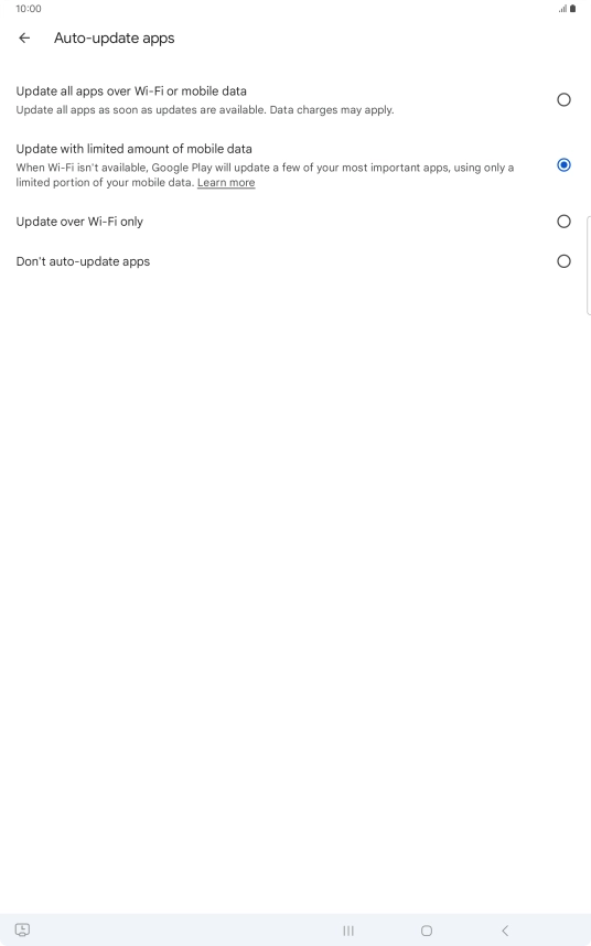 To turn on automatic update of apps using mobile network, press Update all apps over Wi-Fi or mobile data. To turn on automatic update of apps using mobile network, press Update all apps over Wi-Fi or mobile data.
