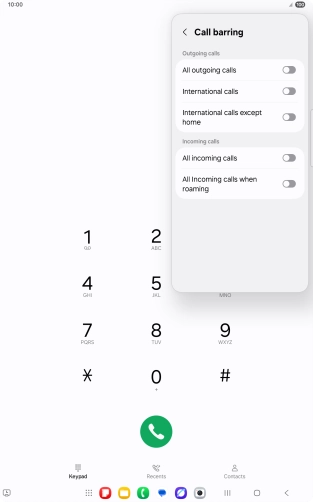 Press the indicator next to the required barring type to turn the function on or off. Press the indicator next to the required barring type to turn the function on or off.