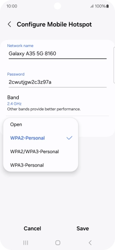 Press WPA3-Personal to password protect your Wi-Fi hotspot. Press WPA3-Personal to password protect your Wi-Fi hotspot.