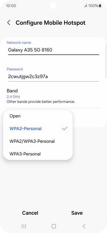 Press WPA3-Personal to password protect your Wi-Fi hotspot. Press WPA3-Personal to password protect your Wi-Fi hotspot.