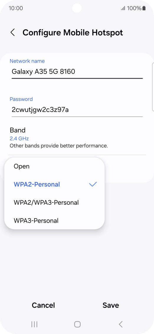 Press WPA3-Personal to password protect your Wi-Fi hotspot. Press WPA3-Personal to password protect your Wi-Fi hotspot.
