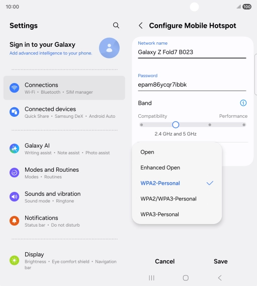 Press WPA3-Personal to password protect your Wi-Fi hotspot. Press WPA3-Personal to password protect your Wi-Fi hotspot.