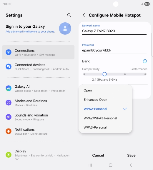 Press WPA3-Personal to password protect your Wi-Fi hotspot. Press WPA3-Personal to password protect your Wi-Fi hotspot.