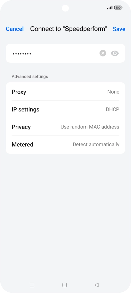 Key in the password for the Wi-Fi network and press Save. Key in the password for the Wi-Fi network and press Save.