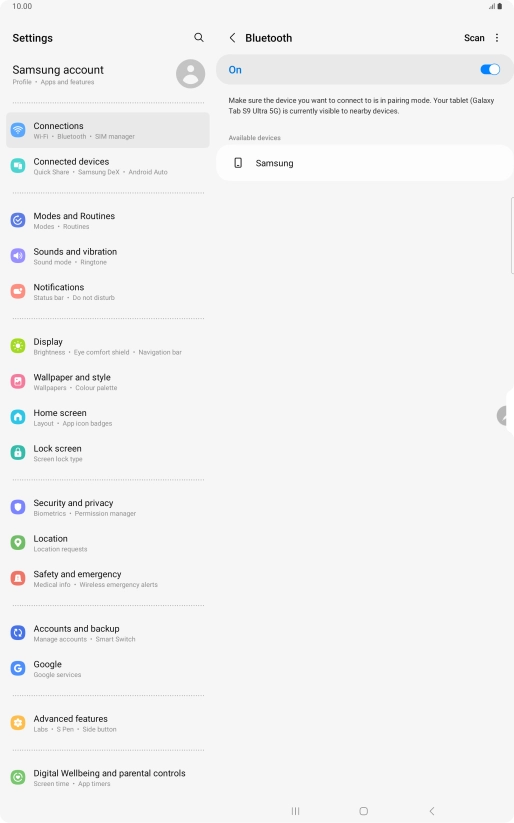 Press the required Bluetooth device and follow the instructions on the screen to pair the device with your tablet. Press the required Bluetooth device and follow the instructions on the screen to pair the device with your tablet.