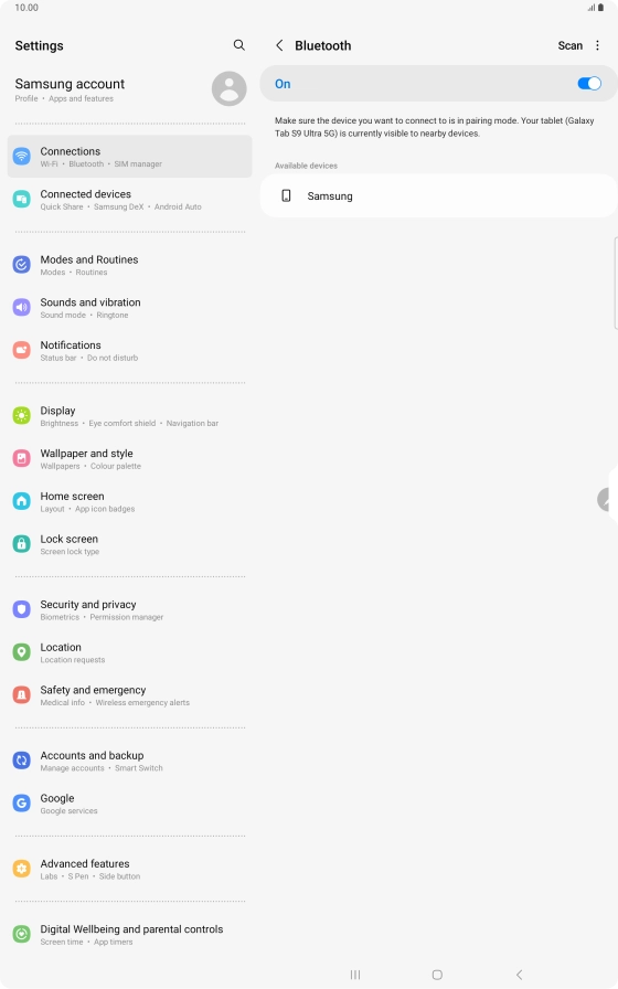 Press the required Bluetooth device and follow the instructions on the screen to pair the device with your tablet. Press the required Bluetooth device and follow the instructions on the screen to pair the device with your tablet.
