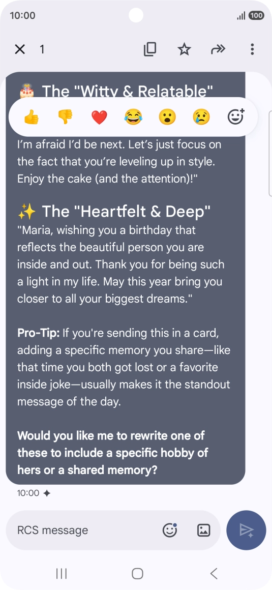 Press and hold the text suggestion from Gemini. Follow the instructions on the screen to use the text suggestion. Press and hold the text suggestion from Gemini. Follow the instructions on the screen to use the text suggestion.