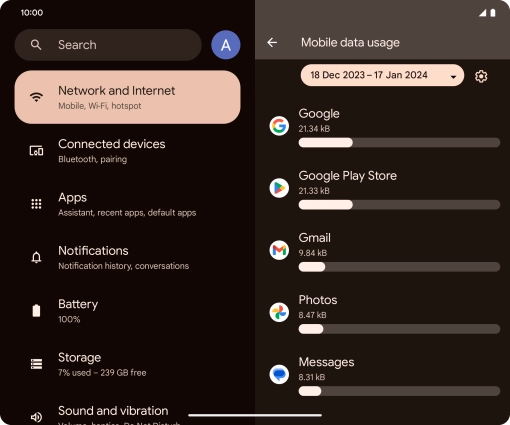 The data usage for each application is displayed below the name of the application. The data usage for each application is displayed below the name of the application.