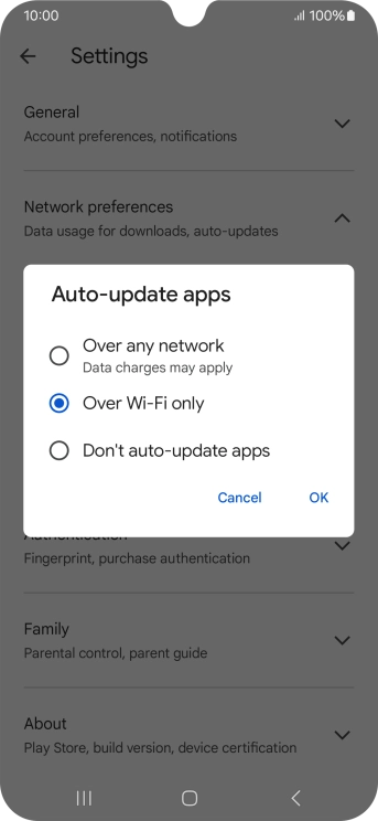 To turn on automatic update of apps using mobile network, press Over any network. To turn on automatic update of apps using mobile network, press Over any network.