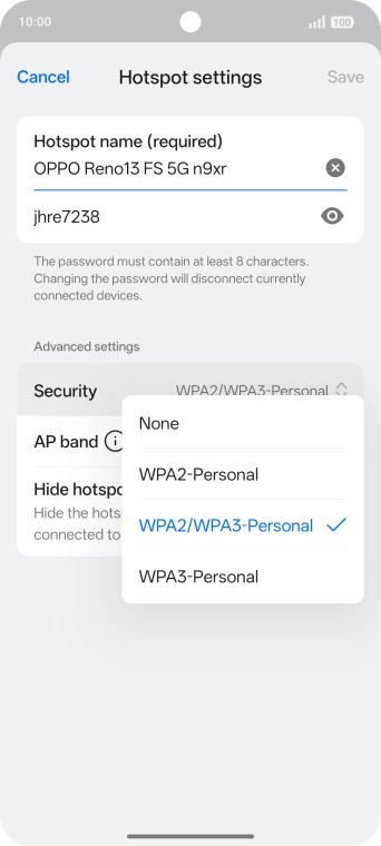 Press WPA3-Personal to password protect your Wi-Fi hotspot. Press WPA3-Personal to password protect your Wi-Fi hotspot.