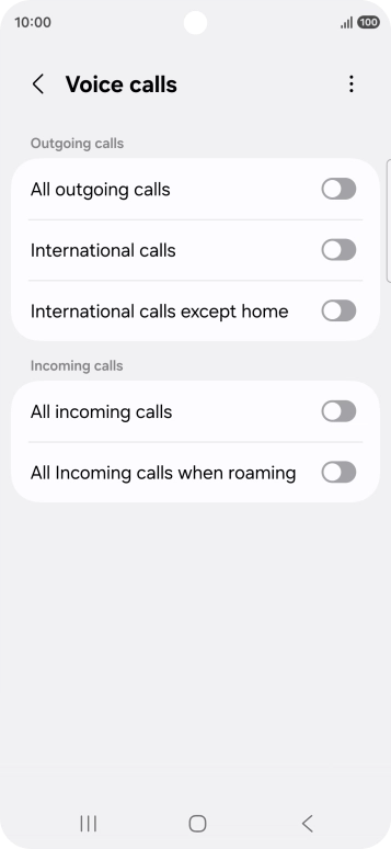 Press the indicator next to the required barring type to turn the function on or off. Press the indicator next to the required barring type to turn the function on or off.