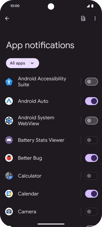 Press the indicator next to the required apps to turn the function on or off. Press the indicator next to the required apps to turn the function on or off.