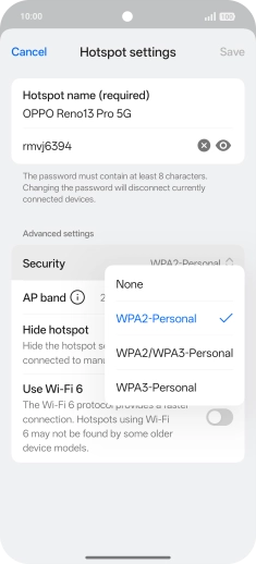 Press WPA3-Personal to password protect your Wi-Fi hotspot. Press WPA3-Personal to password protect your Wi-Fi hotspot.