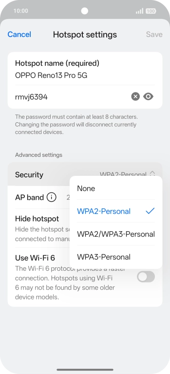 Press WPA3-Personal to password protect your Wi-Fi hotspot. Press WPA3-Personal to password protect your Wi-Fi hotspot.