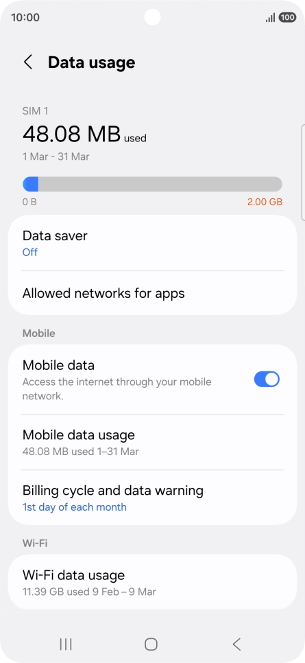 The total data usage is displayed. The total data usage is displayed.
