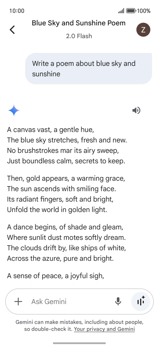 You can ask Gemini to generate a text based on your description. You can ask Gemini to generate a text based on your description.