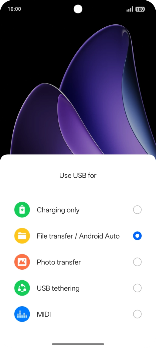 Press File transfer / Android Auto. Press File transfer / Android Auto.