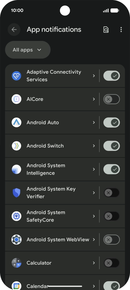 Press the indicator next to the required apps to turn the function on or off. Press the indicator next to the required apps to turn the function on or off.