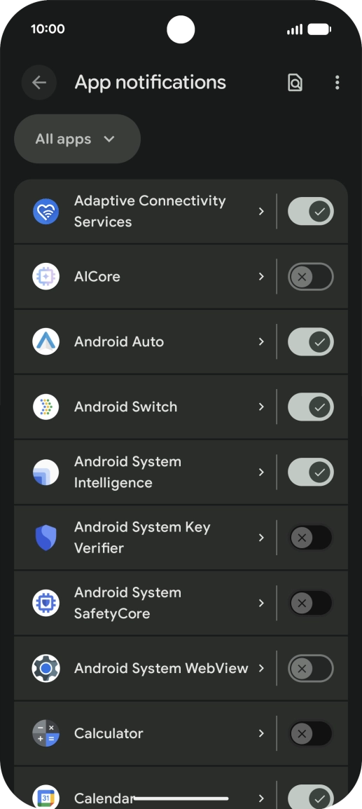 Press the indicator next to the required apps to turn the function on or off. Press the indicator next to the required apps to turn the function on or off.