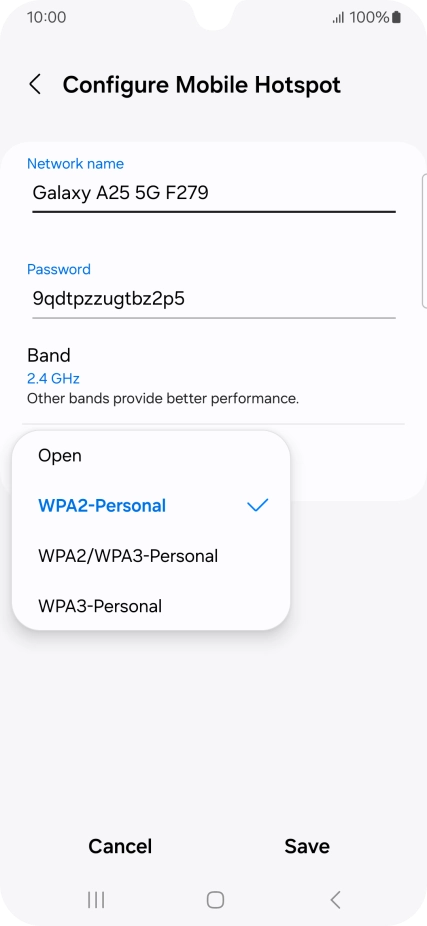 Press WPA3-Personal to password protect your Wi-Fi hotspot. Press WPA3-Personal to password protect your Wi-Fi hotspot.
