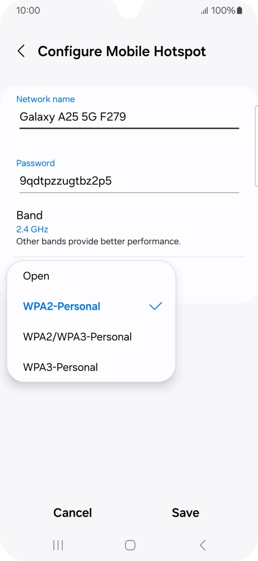 Press WPA3-Personal to password protect your Wi-Fi hotspot. Press WPA3-Personal to password protect your Wi-Fi hotspot.