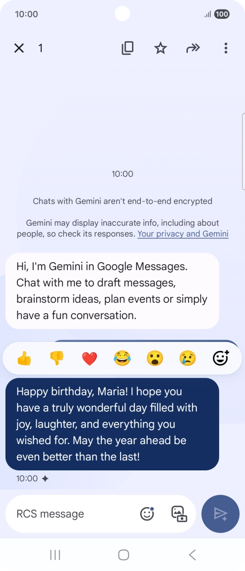 Press and hold the text suggestion from Gemini. Follow the instructions on the screen to use the text suggestion. Press and hold the text suggestion from Gemini. Follow the instructions on the screen to use the text suggestion.
