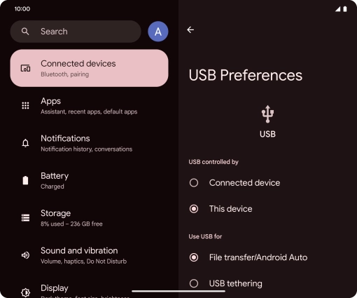 Press File transfer/Android Auto. Press File transfer/Android Auto.