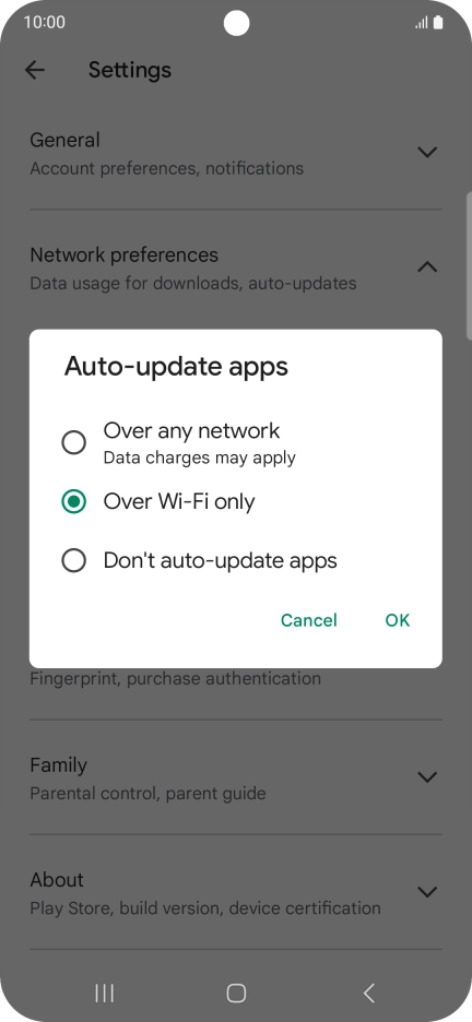 To turn on automatic update of apps using mobile network, press Over any network. To turn on automatic update of apps using mobile network, press Over any network.