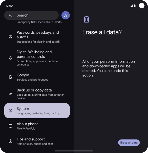 Press Erase all data. Wait a moment while the factory default settings are restored. Follow the instructions on the screen to set up your phone and prepare it for use. Press Erase all data. Wait a moment while the factory default settings are restored. Follow the instructions on the screen to set up your phone and prepare it for use.