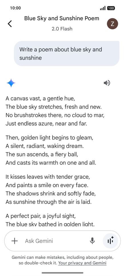 You can ask Gemini to generate a text based on your description. You can ask Gemini to generate a text based on your description.