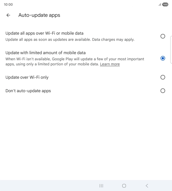 To turn on automatic update of apps using mobile network, press Update all apps over Wi-Fi or mobile data. To turn on automatic update of apps using mobile network, press Update all apps over Wi-Fi or mobile data.