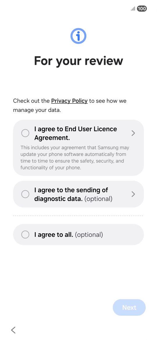 Press the fields next to the required settings to select them. Press the fields next to the required settings to select them.