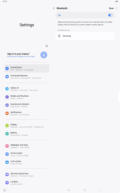 Press the required Bluetooth device and follow the instructions on the screen to pair the device with your tablet. Press the required Bluetooth device and follow the instructions on the screen to pair the device with your tablet.