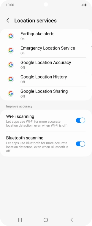 Press Google Location Accuracy. Press Google Location Accuracy.