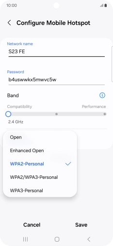 Press WPA3-Personal to password protect your Wi-Fi hotspot. Press WPA3-Personal to password protect your Wi-Fi hotspot.