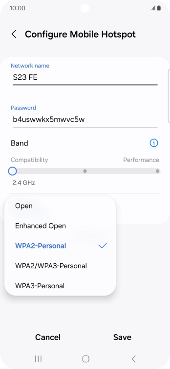 Press WPA3-Personal to password protect your Wi-Fi hotspot. Press WPA3-Personal to password protect your Wi-Fi hotspot.